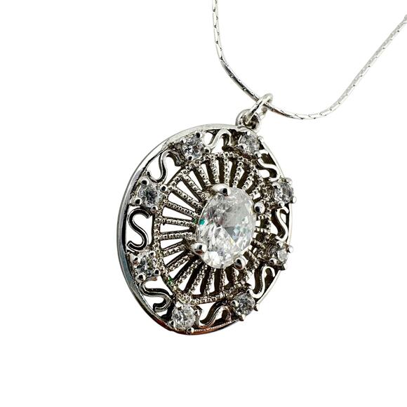 925 Sterling Silver Cubic Zirconia Art Deco Style Ornate Pendant 18" Necklace - Picture 2 of 10